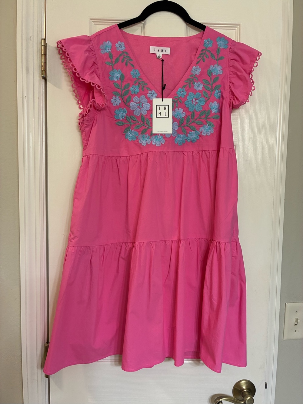 THML Girls' Bright Pink Dress with Blue Floral Embroidery - Picture 1 of 7